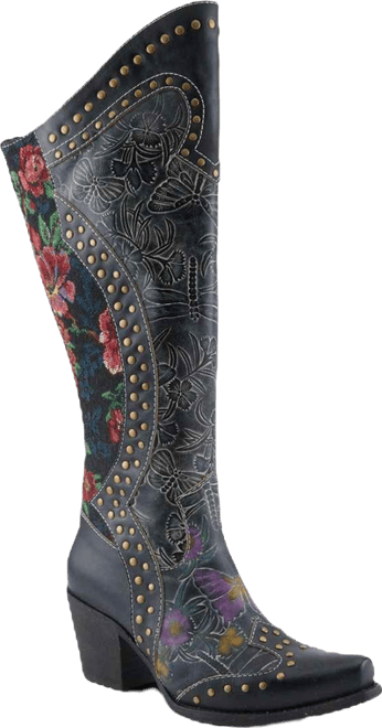Women's Mallorie Hand-Painted Cowboy Boots with Floral and Butterfly Shaft Design, Snip Toe, Inside Zipper, and Velvet Lining – Weste