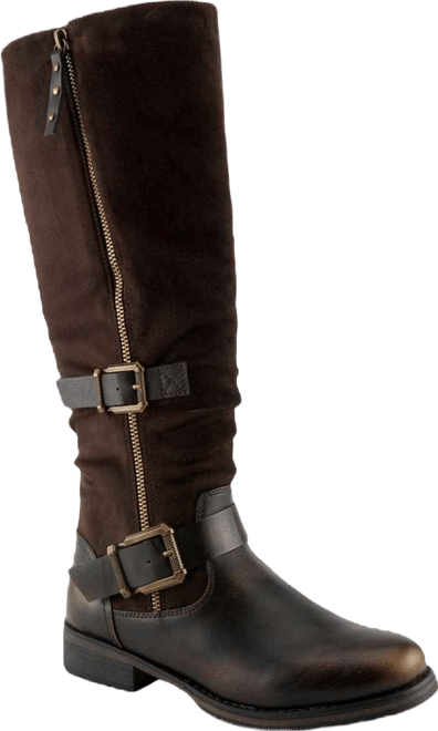 Women's Misdreavus Metallic Burnished Tall Boot with Dual Buckles and Extended Calf Fit