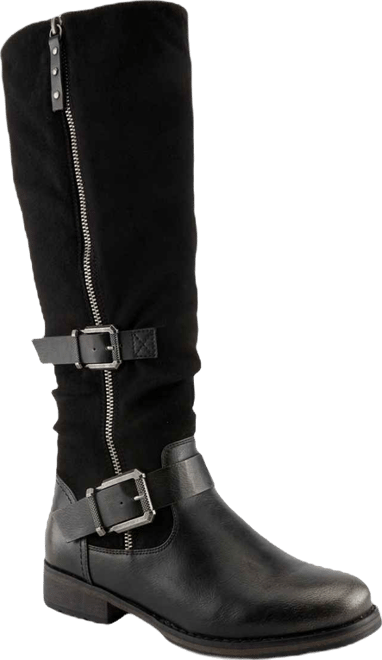 Women's Misdreavus Metallic Burnished Tall Boot with Dual Buckles and Extended Calf Fit
