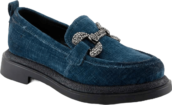 Marlen Women's Velvet Textile Upper Slip-On Loafer On Chunky Lug Sole Bottom With Crystal Buckle