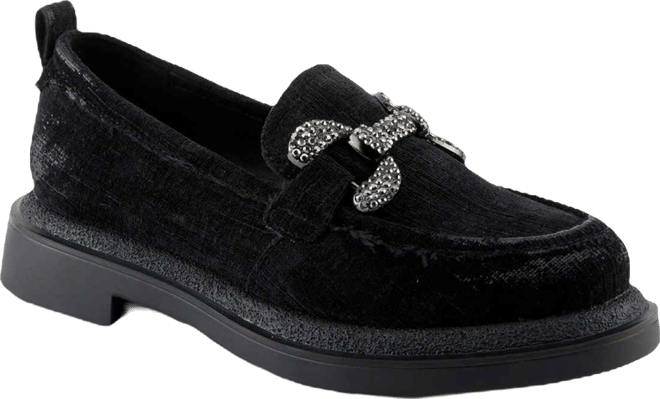 Marlen Women's Velvet Textile Upper Slip-On Loafer On Chunky Lug Sole Bottom With Crystal Buckle