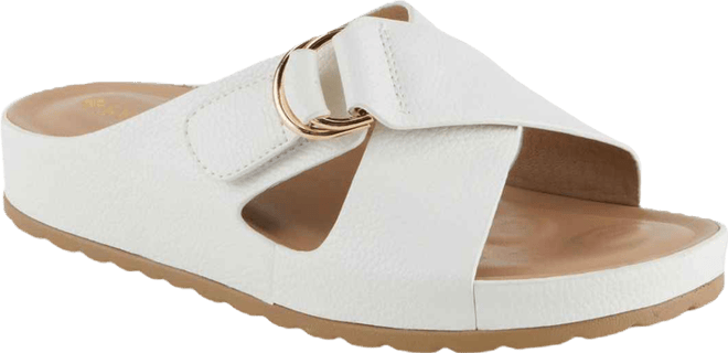 Women s Rutha Criss-Cross Strap Slide Sandals with Gold Buckle and Padded Insole