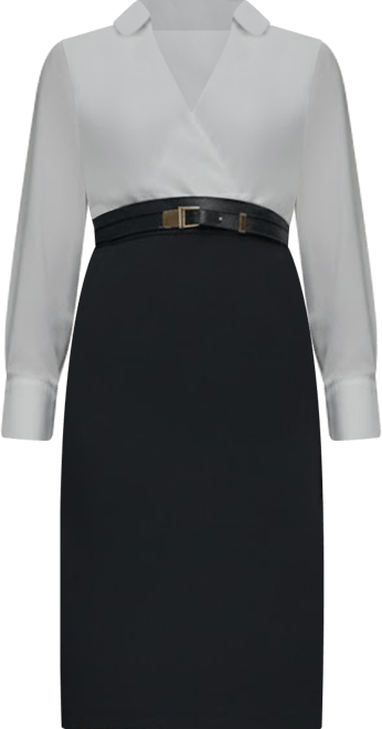 Women's V-Neck Belted Contrast Wrap Sheath Midi Dress