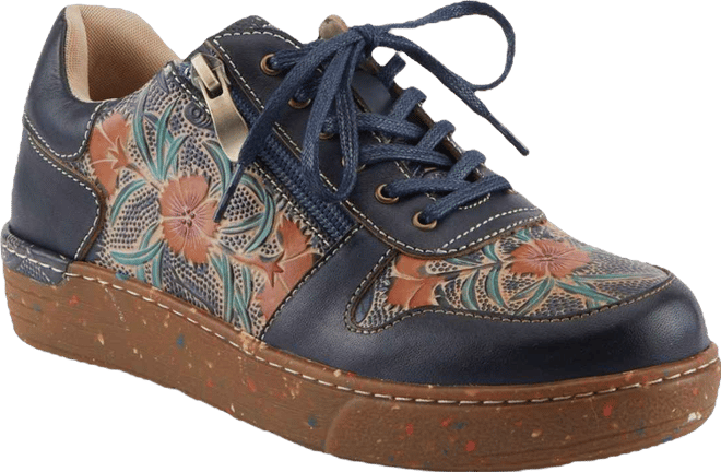 L Artiste Women s Sincerity Handpainted Leather Sneakers with Embossed Floral Accents and Side Zipper