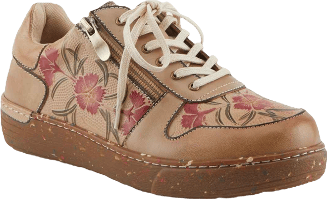 L Artiste Women s Sincerity Handpainted Leather Sneakers with Embossed Floral Accents and Side Zipper