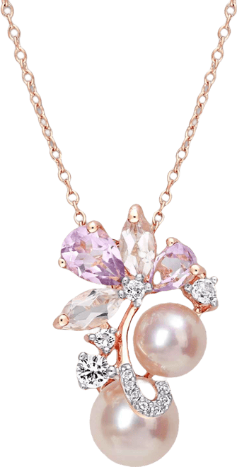 Pink Cultured Freshwater Pearl (7 & 8-1/2mm) & Multi-Gemstone (1 ct. t.w. Smokey Quartz; 3/4 ct. t.w. Rose Quartz; 3/8 ct. t.w. Garnet) Cluster