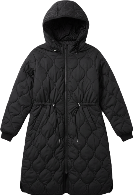 Women's Long Quilted Jacket With Drawstring Waist