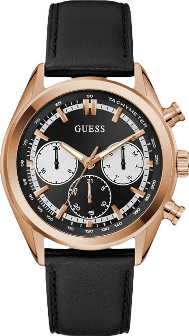 Men's Rose Gold-Tone Black Leather Multi-Function Watch, 44mm