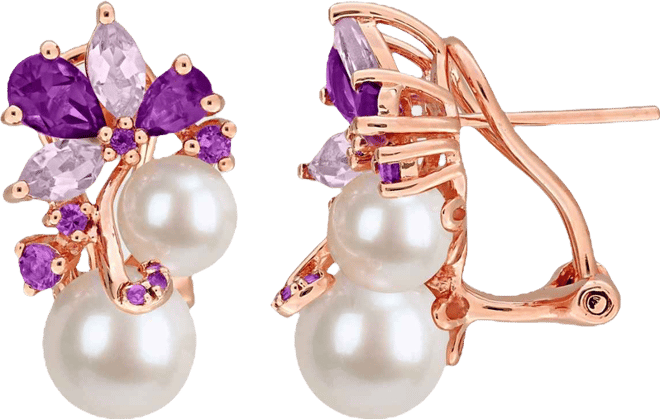 Pink Cultured Freshwater Pearl (6 & 8mm) & Multi-Gemstone (2-5/8 ct. t.w.) Cluster Omega Back Earrings in 18k Rose Gold Flash-Plated Sterling Silver -