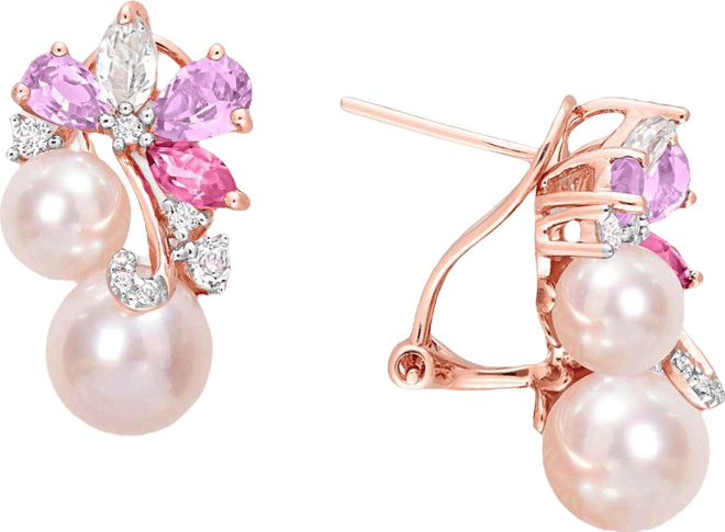 Pink Cultured Freshwater Pearl (6 & 8mm) & Multi-Gemstone (2-5/8 ct. t.w.) Cluster Omega Back Earrings in 18k Rose Gold Flash-Plated Sterling Silver -