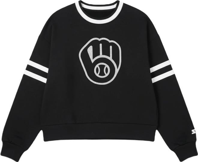 Women's Black Milwaukee Brewers Rally Cropped Drop Shoulder Crewneck Sweatshirt