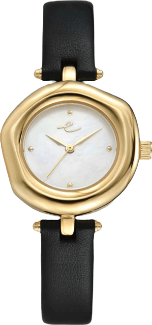 Open Circle Gold Plated Black Leather Watch, 70-110mm