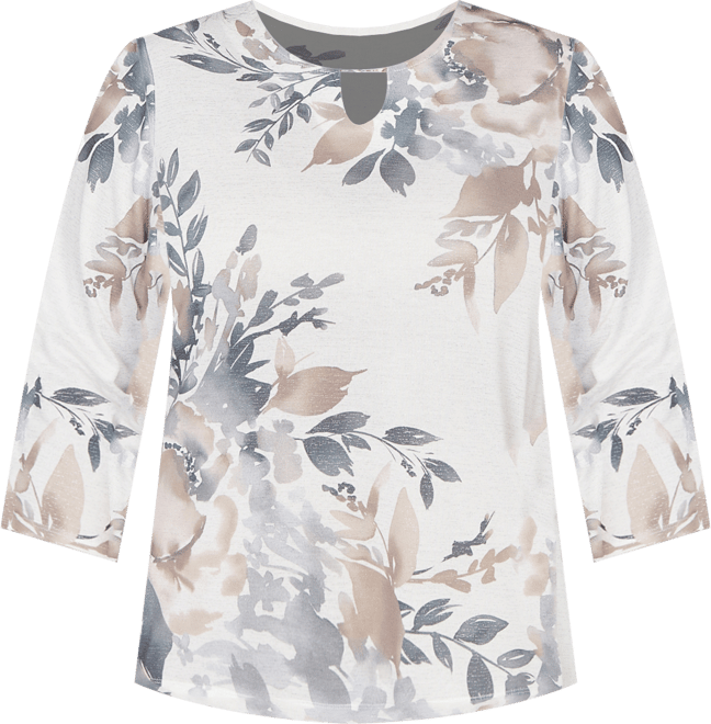 Plus Size Comfort & Joy Asymmetrical Floral Border Crew Neck Top