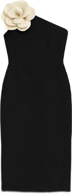 Women's One Shoulder Boucle Midi Dress With 3D Flower