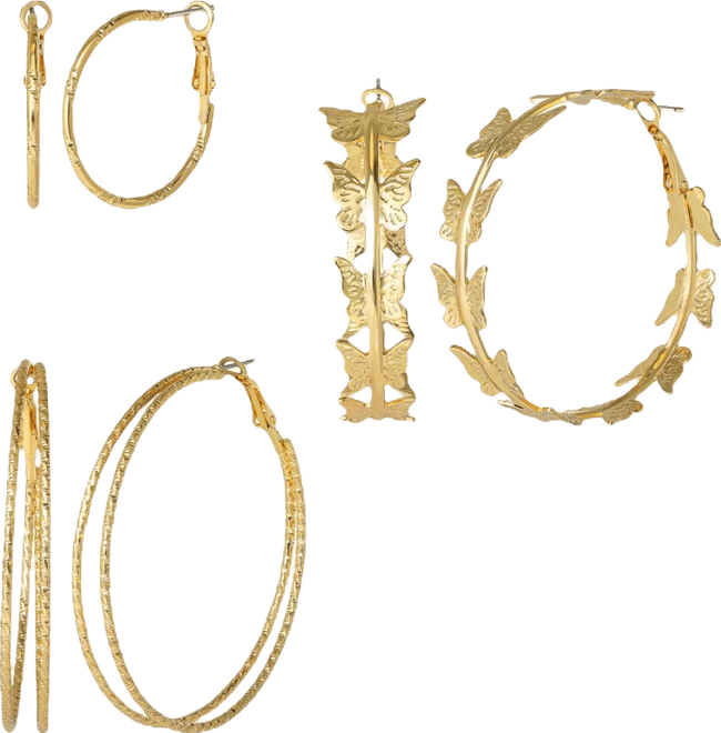 3-Piece Gold-Tone Hoop Earring Set with Butterfly Details