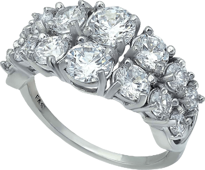 Cubic Zirconia 2 Row Round Prong Set Stones Ring in Silver Plate