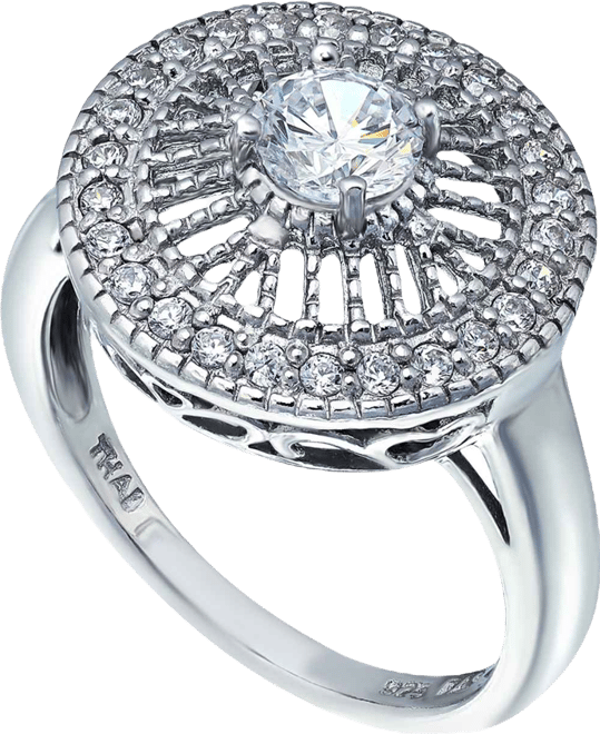 Cubic Zirconia Medallion Ring with Round Prong Center Stone in Silver Plate