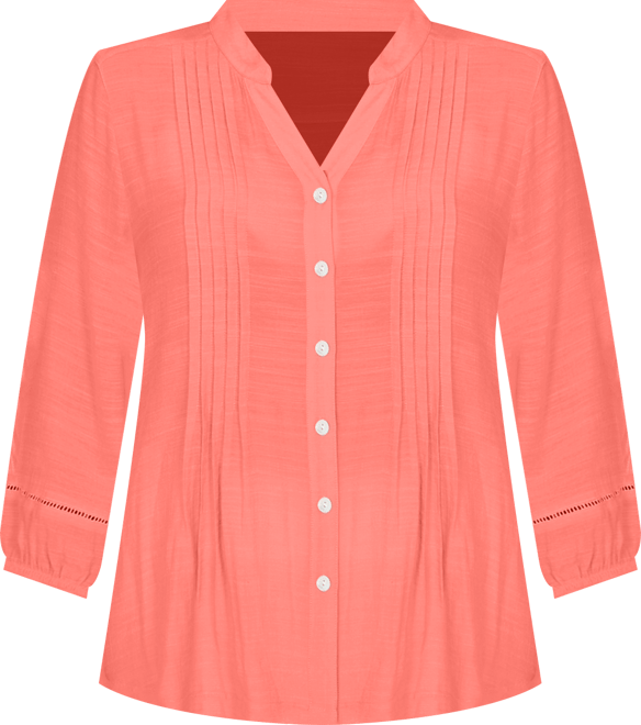 Plus Size Solid Silky Slub Pleated Button Front Top