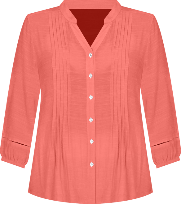 Petite Solid Silky Slub Pleated Button Front Top