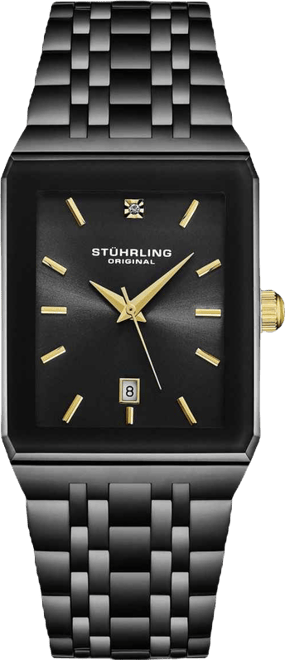 Empire Edge Black Ip Rectangular 4084 Watch – Gold Accents Quartz Date Krysterna Crystal