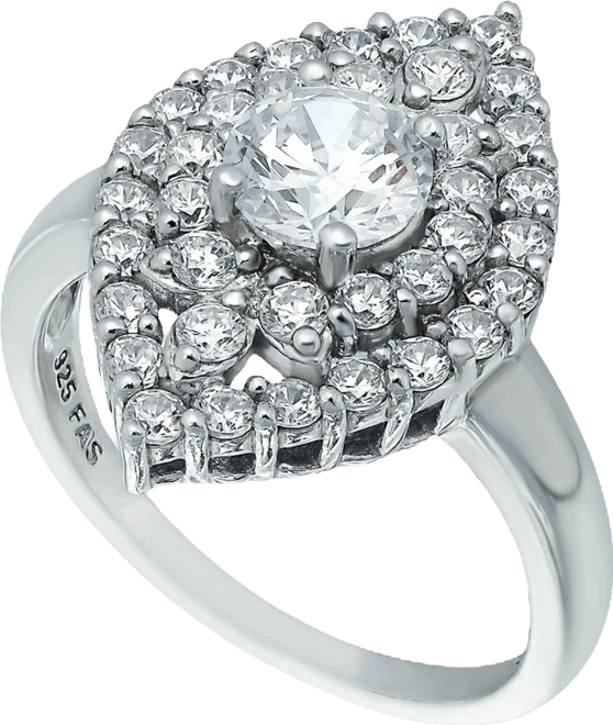 Cubic Zirconia 2 Row Kite Halo with Round Prong Center Stone Ring in Silver Plate
