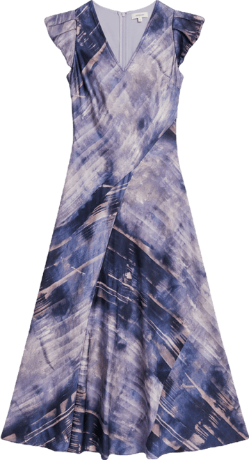 Women's Puff-Sleeve Printed Satin Bias Cut Dress