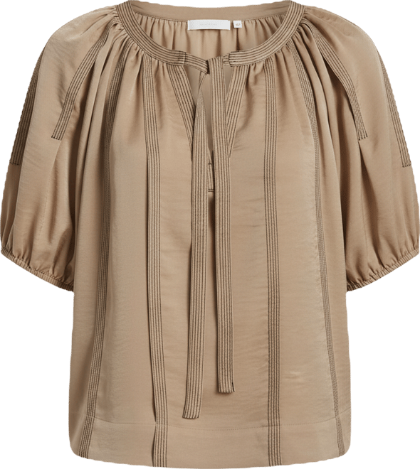 Women's Puff-Sleeve Top Stitch Tie Front Blouse