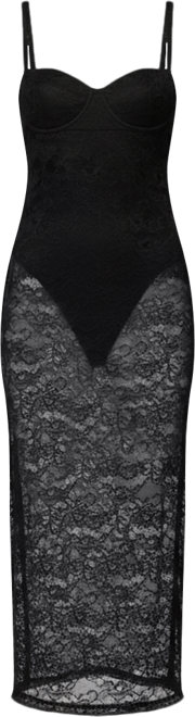 Women's Sheer Lace Built In Bodysuit Midi Dress