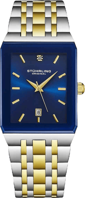 Empire Edge Two-Tone 4084 Rectangular Watch – Blue Dial Quartz Date Stainless Bracelet