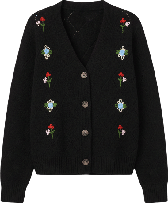 Women's Flower Embroidery Long-Sleeve Cardigan Sweater