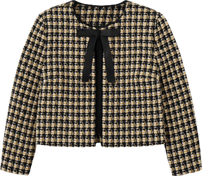 Plus Size Tweed Jewel Neck Jacket with Bow