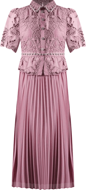 Women's Lace Top Pleat Skirt Jewel Button Dress.