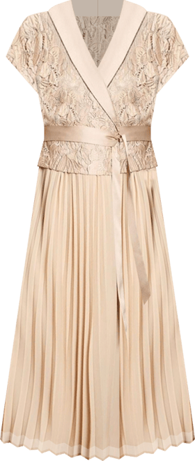 Women's Lace Wrap Top Pleat Tux Midi Dress