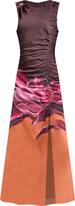 Women's Ruched Print Satin Midi Dress.