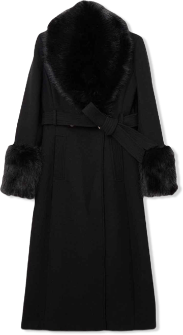 Women's Wool Detachable Fur Belted Midi Coat