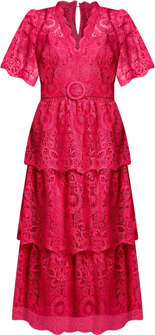 Women's Short Sleeve Tiered Lace Midi Dress