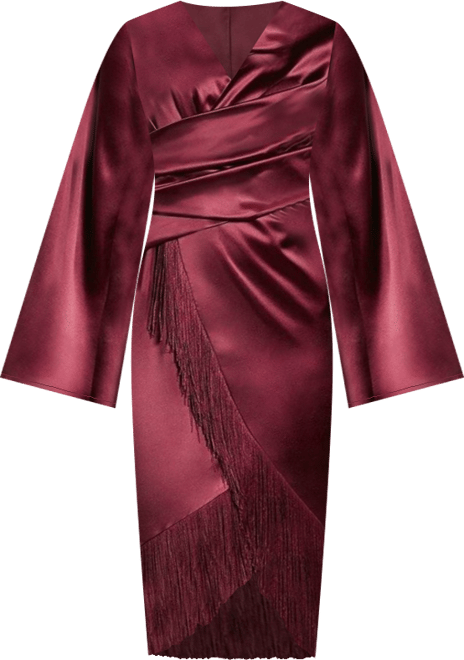 Women's Satin Fringe Hem Wrap Waist Midi Dress
