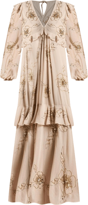 Women's V Neck Embellished Tiered Midi Dress