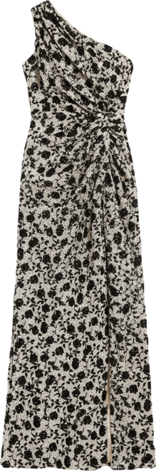 Women's One Shoulder Sequin Gown with Floral Velvet Detail