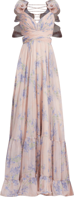 Women's Ruffle Tiered Floral Cut-Out Chiffon Gown