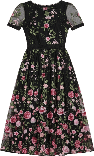 Women's Lace Trim Embroidered Mesh Midi Dress