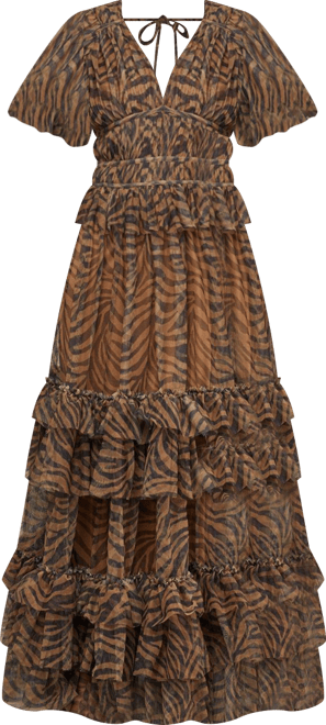 Women's Zebra Print Tulle Ruffle Maxi Dress