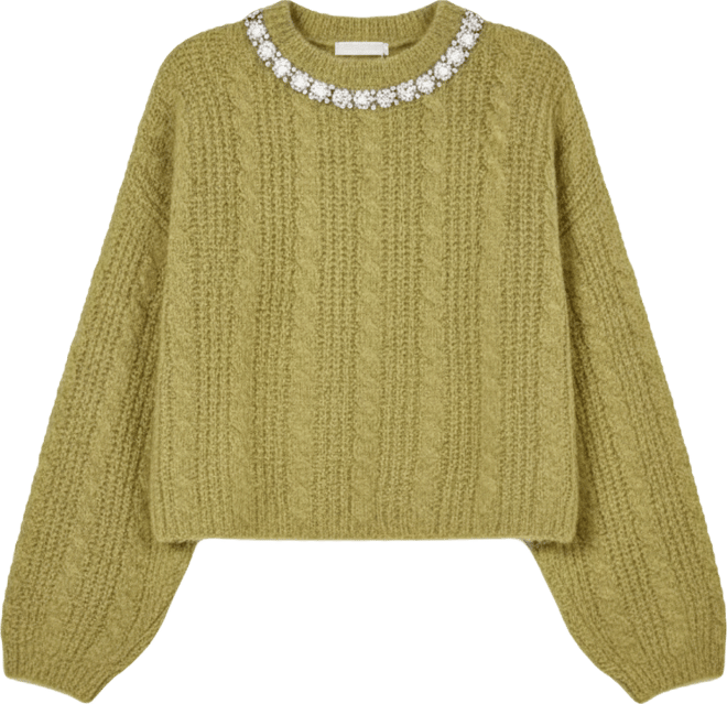 Women's Jewel Embroidered Fuzzy Cable Knit Chunky Sweater