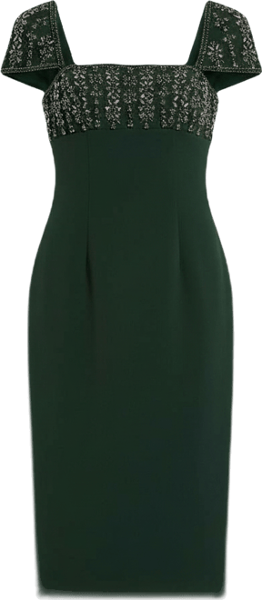 Women's Crepe Embellished Cap Sleeve Fitted Midi Dress