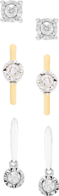 3-Pc. Diamond Stud Earrings (1/4 ct. t.w.) in Sterling Silver and Gold Over Silver