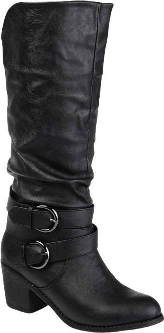 Women's Late Wide Calf Rouched Buckle Mid Shaft Block Heel Boots