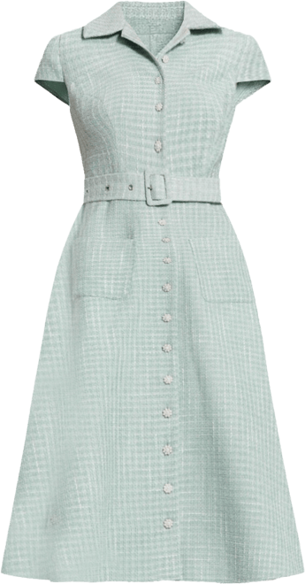 Women's Belted Boucle Cap Sleeve Button Up Midi Dress