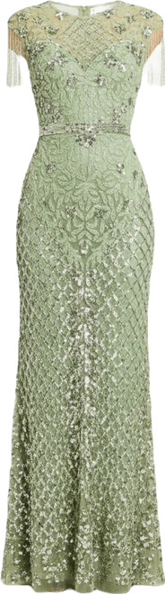 Women's High Neck Sleeveless Beaded Fringe Fitted Gown