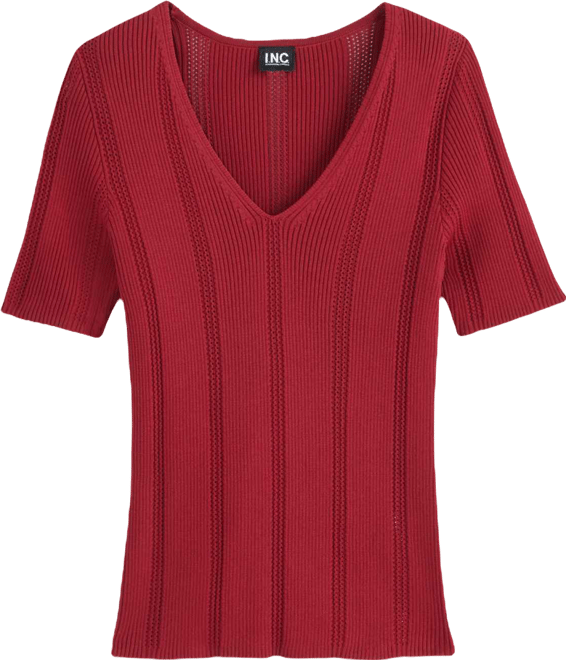 Women's Short-Sleeve V-Neck Pointelle Rib Knit Sweater, Macy's Exclusive