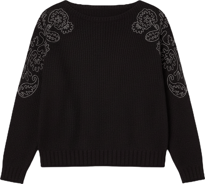 Plus Size Embroidered Shoulder Long-Sleeve Sweater